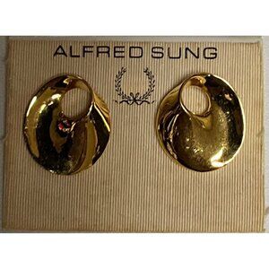 Alfred Sung Earrings Gold Tone 14K Post Modernist Vintage